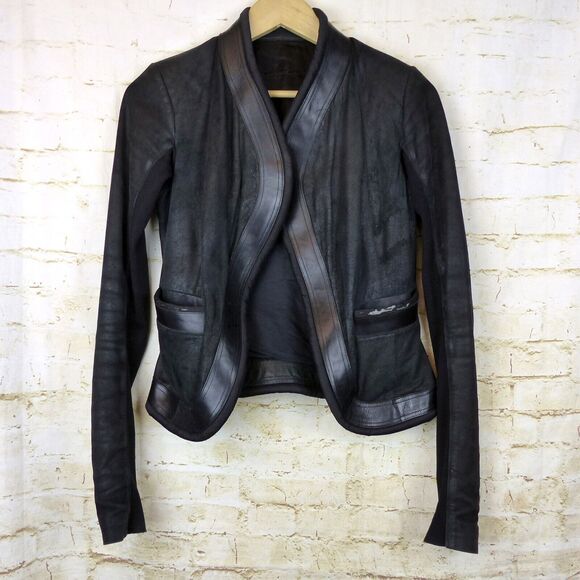 Rick Owen Distress Lamb Leather Jacket Women 6US Black Open Front Goth Y2K FLAWS